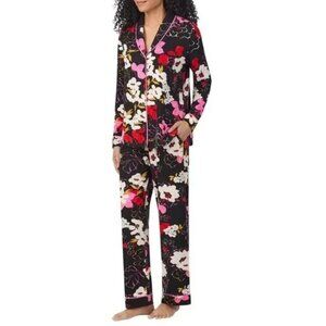 Room Service Women's Shawl Collar PJ Set Black Floral Large NEW